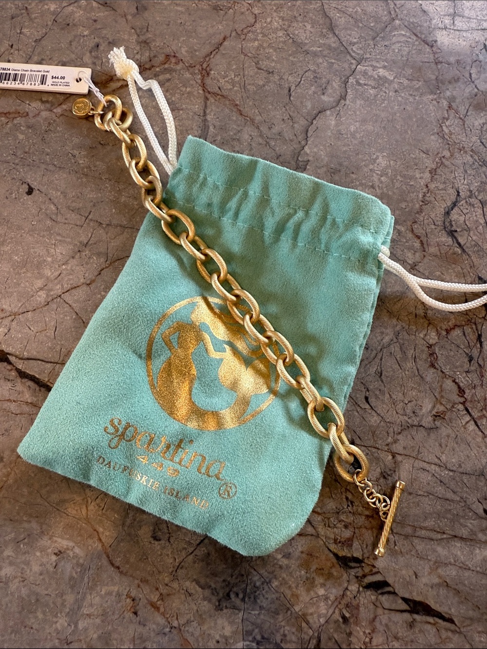 Spartina 449 Gold Chain Link Bracelet with Turquoise Pouch